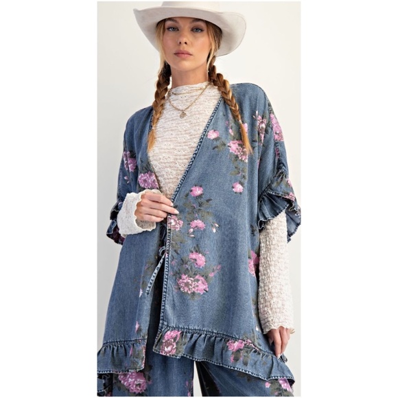 Easel Medium Wash Floral Print Tercel Ruffle Detail Open Front Cardigan - Picture 3 of 5